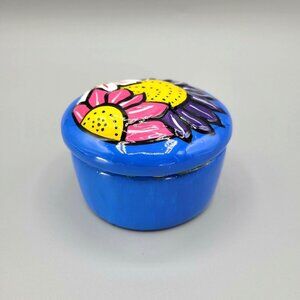 Hand Painted Ceramic Trinket Box with Lift Off Lid Bright Colorful Pottery Clay
